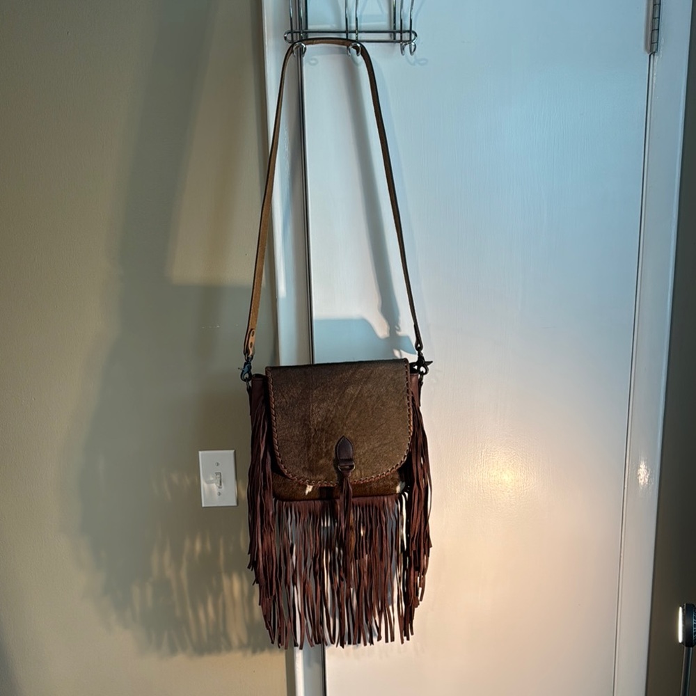 Western Ohlay Handtooled Rawhide Crossbody Purse Fringe &Leather Strap- Like New